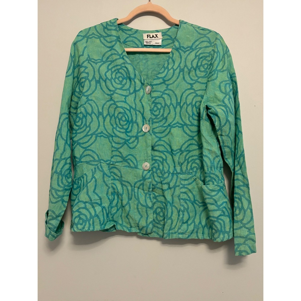 FLAX 100% Linen Floral Print Button Front Peplum Jacket Green Blue Small - Picture 2 of 9